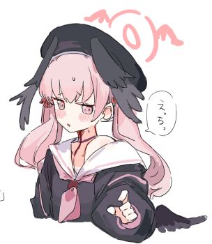 1girl beret black_hat black_shirt black_wings blue_archive blush halo hat head_wings koharu_(blue_archive) long_hair long_sleeves looking_at_viewer neckerchief off_shoulder parted_lips pink_eyes pink_hair pink_neckerchief puffy_long_sleeves puffy_sleeves sailor_collar school_uniform shirt simple_background solo speech_bubble sweat twintails upper_body white_background white_sailor_collar wings youbi_(0ver_sd)