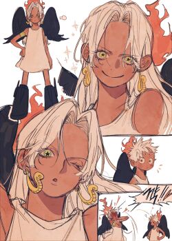 1boy 1girl black_feathers black_wings blush boots dark-skinned_female dark_skin dress earrings feathers fire jewelry mnnd monkey_d._luffy one_eye_closed one_piece s-snake seraphim_(one_piece) smile snake_earrings star-shaped_pupils star_(symbol) symbol-shaped_pupils white_dress white_hair wings wink