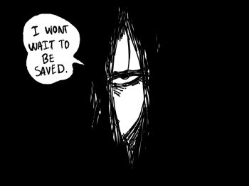 1boy angry bad_tag black_background demi_(dizzyspells) dizzyspells dress english_text eye_contact helmet looking_at_another looking_at_viewer male_focus original shadow speech_bubble