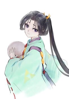 1boy antatica11 black_hair chinese_commentary commentary_request from_side highres holding houjou_tokiyuki_(nige_jouzu_no_wakagimi) japanese_clothes kariginu looking_at_viewer male_focus nige_jouzu_no_wakagimi ponytail purple_eyes ribbon-trimmed_sleeves ribbon_trim solo upper_body