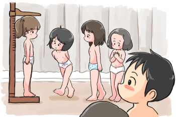 2boys 4girls arms_at_sides arms_behind_back barefoot black_hair blue_panties blush_stickers brown_hair curtains flat_chest height_mark highres indoors loli multiple_boys multiple_girls nipples no_mouth original panties physical_examination queue shota standing topless_female twintails underwear white_panties youseisan255