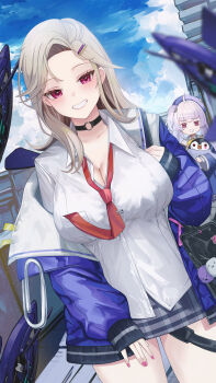 2girls absurdres ahoge angry baby_animal bag beret bird blonde_hair breasts choker cleavage clenched_teeth cloud cowboy_shot dutch_angle earrings ein_(nikke) eyelashes fingernails gimyogi goddess_of_victory:_nikke hair_ornament hairclip hand_up handbag hat highres holding holding_toy hoop_earrings jacket jewelry large_breasts long_hair looking_at_viewer multiple_girls nail_polish necktie off_shoulder outdoors paperclip penguin penguin_chick pink_nails plaid_clothes plaid_skirt purple_hair red_eyes rei_(nikke) school_uniform shirt side_ponytail skirt smile strap teeth toy untucked_shirt