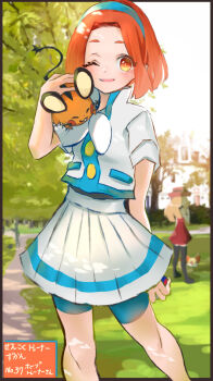 2girls ;d arm_behind_back blue_hairband blurry blurry_background dedenne e-co fennekin gen_6_pokemon great_ball hairband highres holding holding_poke_ball multiple_girls nintendo on_shoulder one_eye_closed open_mouth orange_eyes orange_hair outdoors pleated_skirt poke_ball pokemon pokemon_(creature) pokemon_on_shoulder pokemon_xy rising_star_(pokemon) serena_(pokemon) short_hair short_sleeves skirt smile white_skirt