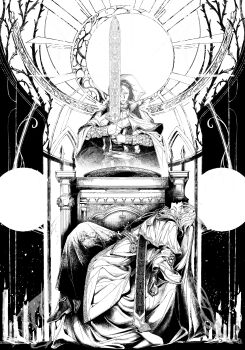 2boys absurdres bloodborne boots branch cape chain chain_belt chair cross-laced_clothes cross-laced_gloves cross-laced_sleeves fence gauntlets gloves greyscale highres holding hood hood_up hooded_cape kalianabokalisi laurence_the_first_vicar_(human) ludwig_the_accursed lying male_focus medallion monochrome moonlight_greatsword multiple_boys neck_ribbon on_back on_chair ribbon robe sash