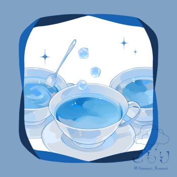 ameyui_komori blue_border blue_theme border commentary_request cup food_focus highres ice ice_cube no_humans original plate simple_background sparkle spoon still_life tea teacup twitter_username white_background