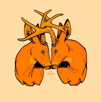 animal animal_focus colored_sclera commentary deer english_commentary entangled highres looking_at_another no_humans noses_touching orange_sclera original portrait ttwicoff