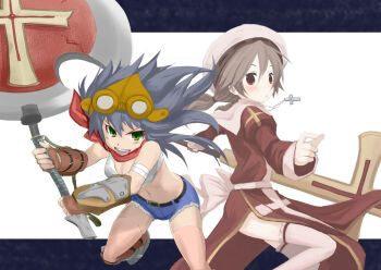 2girls armored_boots axe back_bow blacksmith_(ragnarok_online) blue_shorts blush boots bow breasts brown_gloves cleavage closed_mouth commentary_request crop_top cross cross_necklace dress feet_out_of_frame fingerless_gloves gloves goggles goggles_on_head green_eyes grey_hair hat high_priest_(ragnarok_online) holding holding_axe holding_staff jewelry juliet_sleeves long_hair long_sleeves looking_at_viewer low_ponytail medium_breasts midriff mugi_(banban53) multiple_girls navel necklace open_mouth pelvic_curtain ponytail puffy_sleeves ragnarok_online red_dress red_eyes sash shirt short_shorts shorts sleeveless sleeveless_shirt smile staff thighhighs two-tone_dress v-shaped_eyebrows weroro white_background white_bow white_hat white_sash white_shirt white_thighhighs