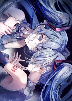 2girls absurdres aqua_hair armpits blue_eyes collared_shirt commentary_request detached_sleeves floating_hair hatsune_miku highres holding holding_another&#039;s_wrist holding_scissors multiple_girls nape number_tattoo parted_lips pipi_(pipinavigation) scissors shirt sleeveless sleeveless_shirt tattoo tears twintails vocaloid