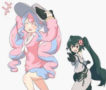+++ 2girls anger_vein angry blue_hair blue_skirt borrowed_accessory bow brown_eyes closed_eyes collared_shirt dark_miku_(project_voltage) dress fairy_miku_(project_voltage) gloves green_hair grey_dress grey_hat hat hat_bow hatsune_miku highres long_sleeves multicolored_hair multiple_girls nintendo open_mouth pink_hair pink_sweater pokemon project_voltage sagami_sagari shirt simple_background skirt sweatdrop sweater twintails two-tone_hair vocaloid white_background white_shirt