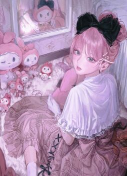 Rule 34 | 1girl, absurdres, black bow, black eyes, blush, bow, brown dress, capelet, commentary request, dress, earrings, frilled capelet, frills, gloves, hair bow, highres, jewelry, lace-trimmed capelet, lace trim, looking at viewer, my melody, my melody (series), original, parted lips, picture frame, pink hair, plaid clothes, plaid dress, sanrio, seapall, sitting, socks, solo, stuffed toy, wariza, white capelet, white gloves, white socks