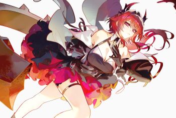 1girl absurdres arknights arknights:_endfield bare_shoulders black_dress black_shorts breasts cleavage colored_petticoat commentary demon_girl demon_horns detached_sleeves dress hair_between_eyes highres horns kanniiepan laevatain_(arknights) large_breasts long_hair parted_lips petticoat purple_eyes red_hair shorts shorts_under_skirt solo surtr_(arknights) thigh_strap