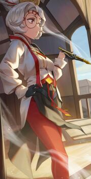 1girl absurdres black_gloves coat commentary english_commentary expressionless flute glasses gloves highres holding holding_flute holding_instrument instrument medium_hair mikazon nintendo pantyhose pelvic_curtain princess_zelda purah red-framed_eyewear red_eyes red_pantyhose shirt solo standing the_legend_of_zelda the_legend_of_zelda:_tears_of_the_kingdom white_coat white_hair white_shirt