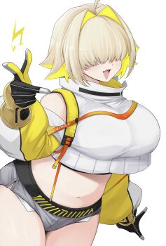 1girl absurdres breasts clothing_cutout commentary cropped_sweater denim denim_shorts elegg_(nikke) exposed_pocket fang gloves goddess_of_victory:_nikke grey_shorts hair_intakes hair_over_eyes highres large_breasts long_bangs mamenoki_sp multicolored_hair navel open_mouth plump short_shorts shorts shoulder_cutout simple_background smile solo sweater thick_thighs thighs two-sided_gloves two-tone_hair white_background