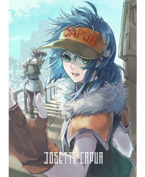 1boy 1girl armor blue_hair blue_sky cropped_jacket eiyuu_densetsu gloves green_eyes green_shirt green_vest irise_ryouji josette_capua leather leather_gloves looking_at_viewer open_mouth orange_skirt pauldrons shirt short_hair shoulder_armor skirt sky sora_no_kiseki sora_no_kiseki_ol vest visor_cap