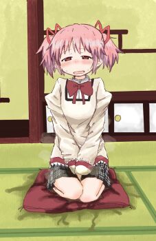 1girl between_legs black_skirt blush bow bowtie breasts cushion embarrassed female_focus full_body hair_ribbon half-closed_eyes hand_between_legs have_to_pee highres indoors juliet_sleeves kaname_madoka kneeling large_variant_set long_sleeves mahou_shoujo_madoka_magica miniskirt nose_blush open_mouth own_hands_together pee peeing peeing_self pink_hair plaid_clothes plaid_skirt pleated_skirt ponnu_(tnpn2yw) puffy_sleeves red_bow red_bowtie red_eyes ribbon school_uniform seiza shirt short_hair sitting skirt small_breasts solo steam sweat tears twintails v_arms variant_set wavy_mouth wet wet_clothes yellow_shirt