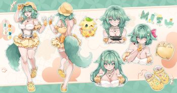 >_o 1girl absurdres arm_garter backless_outfit bow braid breasts character_name cleavage closed_mouth color_guide controller crocs fingerless_gloves fur_trim game_controller glasses gloves green_eyes green_hair green_tail hair_bow hair_ornament heart heart-shaped_bag heart-shaped_pupils highres holding holding_controller holding_game_controller indie_virtual_youtuber jewelry leaf leaf_on_head median_furrow misu_(vtuber) multiple_views necklace official_alternate_hairstyle one_eye_closed open_mouth orange_gloves p0nsea pink_bow pleated_skirt reference_sheet second-party_source shoes shoulder_blades skirt smile symbol-shaped_pupils tail virtual_youtuber yellow_shoes yellow_skirt
