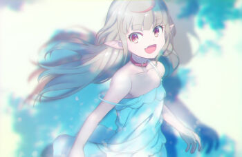 1girl :d bare_shoulders collar collarbone commentary_request dress female_focus grey_hair highres long_hair looking_at_viewer makaino_ririmu makaino_ririmu_(3rd_costume) multicolored_hair nijisanji open_mouth pointy_ears red_collar red_eyes red_hair sabamen shadow sidelocks smile solo strap_slip streaked_hair upper_body virtual_youtuber white_dress