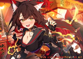 1girl :d absurdres animal_ear_fluff animal_ears bag bagged_fish black_gloves black_kimono black_nails blue_archive blush breasts cleavage colored_inner_hair english_text fang festival fingerless_gloves fish floral_print food_stand fox_ears fox_girl gloves halo highres japanese_clothes kimono long_hair looking_at_viewer medium_breasts multicolored_hair obi open_mouth red_hair red_halo sash smile solo spice_mega summer_festival wakamo_(blue_archive)
