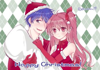 1boy 1girl argyle_background bare_shoulders blue_hair blush chaos;head christmas couple dress embarrassed fur_trim gloves grey_eyes hair_ribbon hat hetero long_hair looking_at_viewer merry_christmas nervous nervous_smile nishijou_takumi pink_hair ribbon sakihata_rimi santa_costume santa_hat science_adventure shiodanuki_nofuku short_hair smile wavy_mouth