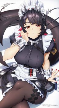 1girl absurdres apron arm_support artist_name black_hair black_shirt breasts chain clenched_hand colored_inner_hair commentary crossed_legs ellen_joe english_commentary fins fish_tail frown hair_ornament hand_on_own_face highres kellzallday large_breasts looking_at_viewer maid maid_headdress mole mole_under_eye multicolored_hair pantyhose patreon_username puffy_short_sleeves puffy_sleeves raised_eyebrow red_eyes red_hair shark_girl shark_tail shirt short_hair short_sleeves solo tail two-tone_hair waist_apron white_apron zenless_zone_zero