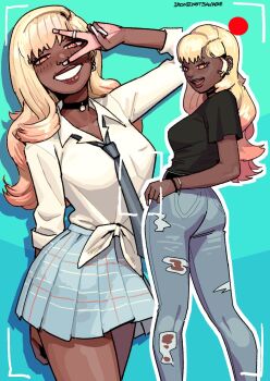 1girl alternate_skin_color black_choker black_shirt blonde_hair blue_skirt choker collared_shirt commentary cowboy_shot dark-skinned_female dark_skin darkened_skin denim english_commentary fake_nails front-tie_top full_body gradient_hair grin gyaru hand_up highres ironicnotsavage jeans kitagawa_marin kogal light-skinned_palms lipgloss long_hair long_sleeves looking_at_viewer loose_necktie multicolored_hair multiple_views nail_polish necktie open_mouth pants pink_eyes pink_hair pink_nails pleated_skirt recording school_uniform shirt short_sleeves skirt sleeves_rolled_up smile sono_bisque_doll_wa_koi_wo_suru v v_over_eye very_dark_skin very_long_fingernails viewfinder white_shirt