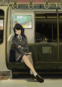 2girls bag black_hair black_shoes blazer blonde_streaks blue_necktie blue_skirt collared_shirt commentary grey_jacket hashtag-only_commentary highres idolmaster idolmaster_shiny_colors ikaruga_luca jacket kazano_hiori loafers looking_at_another mole mole_under_mouth multiple_girls necktie night parted_lips pleated_skirt poster_(object) purple_eyes reflection school_bag school_uniform shirt shoes sitting skirt socks train_interior white_shirt white_socks zhili_xingzou