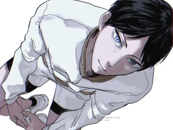 1boy black_hair black_socks blue_eyes closed_mouth from_above grey_background haikyuu!! highres jacket kageyama_tobio long_sleeves looking_at_viewer male_focus name_unico shoes short_hair shorts simple_background sitting socks solo twitter_username white_jacket white_shoes white_shorts