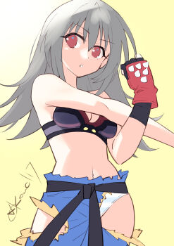 breasts choujigen_game_neptune cleavage fingerless_gloves gloves grey_hair highres kow_(kow0117) long_hair martial_arts_belt medium_breasts navel neptune_(series) panties pants red_eyes red_gloves stretching striped_clothes striped_panties tekken_(neptunia) torn_clothes torn_pants underwear
