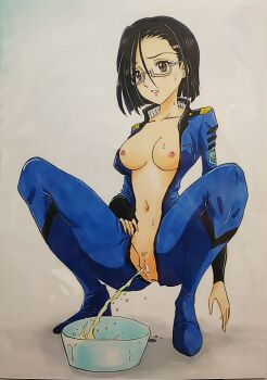 1girl anus ashigaki_radar bar_censor black_hair blue_bodysuit blush bodysuit bowl breasts brown_eyes censored collarbone earrings glasses grey_background hair_ornament hairclip highres jewelry looking_down medium_breasts navel niimi_kaoru nipples open_bodysuit open_clothes parted_lips peeing peeing_in_bowl pubic_hair pussy short_hair squatting sweat teeth uchuu_senkan_yamato uchuu_senkan_yamato_2199