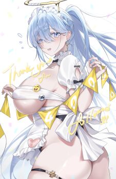 1girl absurdres apron ass blue_eyes blue_hair blush breasts commentary_request cross cross_earrings earrings emoji flying_sweatdrops from_side hair_between_eyes halo highres holding jewelry large_breasts long_hair looking_at_viewer maid maid_apron maid_headdress melting_halo milestone_celebration original oxygen_mask_(oxygenmask233) pennant puffy_short_sleeves puffy_sleeves revealing_clothes short_sleeves sideboob simple_background solo standing thank_you thigh_strap thighs wavy_mouth white_apron white_background yellow_halo