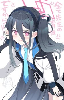 2girls anger_vein aris_(blue_archive) black_hair black_hairband black_skirt blue_archive blue_necktie blush chibi chibi_inset collared_shirt hair_between_eyes hairband halo hoshino_ouka jacket kei_(blue_archive) long_hair long_sleeves looking_at_viewer momoi_(blue_archive) multiple_girls necktie one_side_up open_clothes open_jacket open_mouth pink_eyes pink_halo pleated_skirt red_eyes ringed_eyes shirt simple_background skirt solo_focus very_long_hair white_background white_jacket white_shirt