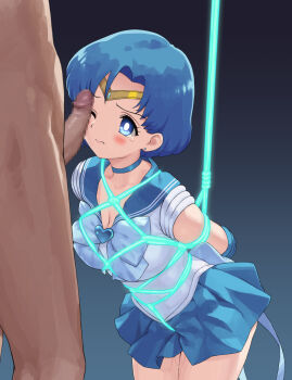 1boy 1girl arms_behind_back bdsm bishoujo_senshi_sailor_moon blue_eyes blue_hair blue_skirt bondage bound bound_arms breasts bright_pupils censored circlet cleavage commentary_request commission frown funitarefu hetero highres medium_breasts mosaic_censoring one_eye_closed penis penis_on_face pixiv_commission rape restrained sailor_mercury school_uniform serafuku shirt skirt variant_set white_pupils white_shirt
