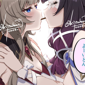 armpit_crease black_hair blue_eyes blush breasts brown_hair cleavage closed_eyes columbina_(genshin_impact) detached_collar dress food food_in_mouth gem genshin_impact hair_ribbon hands_on_another&#039;s_shoulders kitahara_tomoe_(kitahara_koubou) looking_at_another medium_breasts multicolored_hair parted_lips pink_hair pocky pocky_in_mouth red_gemstone ribbon sandrone_(genshin_impact) strapless strapless_dress twitter_username white_dress white_ribbon yuri