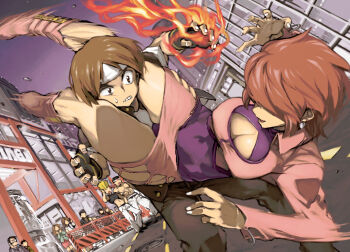 black_hair blonde_hair breasts brown_eyes brown_hair cleavage cleavage_cutout clothing_cutout crop_top daimon_gorou earrings fighting fingerless_gloves fire gloves hachimaki hair_over_eyes headband jewelry kusanagi_kyou long_hair muscular nikaidou_benimaru pyrokinesis scissorhold shermie_(kof) short_hair skirt the_king_of_fighters topless_male ysk!