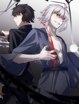 Rule 34 | 2boys, ahoge, blood, blue kimono, fighting stance, floating clothes, floating hair, grin, hemokinesis, highres, holding, holding knife, holding weapon, japanese clothes, kimono, knife, male focus, medium hair, multiple boys, mystic eyes of death perception, nanatsu-yoru, nanaya shiki, pectorals, red eyes, reverse grip, school uniform, smile, souya high school uniform, step-siblings, tohno shiki, tohno shiki (2), tsukihime, tsukihime (remake), weapon, white hair, yubeshi (zecxl)