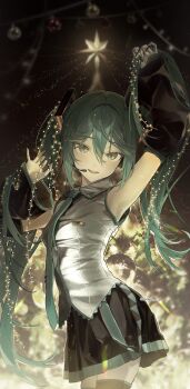 1girl :d aqua_eyes aqua_hair aqua_necktie black_skirt blurry blurry_background christmas christmas_lights christmas_tree collared_shirt commentary_request detached_sleeves hatsune_miku headset highres light_blush long_hair necktie open_mouth planetzer_0 shirt skirt sleeveless sleeveless_shirt smile solo twintails very_long_hair vocaloid white_shirt