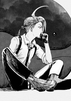 1girl absurdres ahoge black_gloves boots collared_shirt gen_2_pokemon gloves hand_on_own_chin highres long_hair looking_to_the_side low_ponytail monochrome nintendo pokemon pokemon_sv ponytail quagsire red_eyes rika_(pokemon) shirt suspenders swept_bangs tie ukyu_(komarukoune) very_long_hair