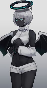 Rule 34 | 1girl, absurdres, agamemega, aqua eyes, bat wings, blue nails, breasts, cropped shirt, dark-skinned female, dark skin, detached sleeves, gradient background, grey background, halo, highres, looking to the side, mechanical halo, nail polish, navel, original, shirt, short hair, short shorts, shorts, simple background, solo, spot color, standing, underboob, white hair, white shirt, white shorts, white sleeves, wings