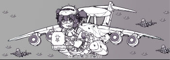 1girl 3others aircraft airplane awacs chestnut_mouth chinese_commentary commentary_request flying headset highres looking_ahead monochrome multiple_others original people&#039;s_liberation_army people&#039;s_liberation_army_air_force personification shaanxi_kj-2000 solo_focus watermark weibo_watermark z.s.w.