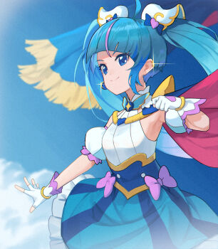 1girl absurdres blue_cape blue_dress blue_eyes blue_hair blue_sky bow brooch cape closed_mouth cloud cloudy_sky commentary cure_sky cut_bangs day detached_sleeves dress dress_bow earclip earrings fingerless_gloves frilled_dress frills fringe_trim gloves hair_ornament highres hirogaru_sky!_precure jewelry long_hair looking_to_the_side magical_girl multicolored_hair outdoors pink_bow precure puffy_detached_sleeves puffy_sleeves red_cape roko_desu short_dress single_earring single_sidelock sky sleeveless sleeveless_dress smile solo sora_harewataru sparkle standing streaked_hair twintails two-sided_cape two-sided_fabric two-tone_dress two-tone_hair very_long_hair white_dress white_gloves wind wing_brooch wing_hair_ornament