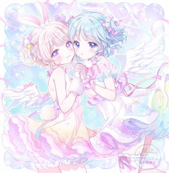 2girls angel angel_wings animal_ears bare_shoulders blue_eyes blue_hair cheek-to-cheek cowboy_shot dress feathered_wings halo heads_together highres holding_hands kousagi looking_at_viewer melting_halo multiple_girls original pink_hair purple_eyes rabbit_ears rabbit_girl rabbit_tail short_dress signature sleeveless sleeveless_dress tail white_wings wings wrist_cuffs