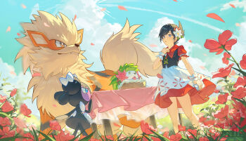 Rule 34 | arcanine, basket, black hair, blue eyes, blue sky, fangs, field, flower, flower field, gen 1 pokemon, gen 4 pokemon, gen 5 pokemon, gothorita, hair flower, hair ornament, hand on own chest, highres, legendary pokemon, marley (palentine's 2025) (pokemon), marley (pokemon), mythical pokemon, nintendo, official alternate costume, outdoors, petals, pokemon, pokemon (creature), pokemon masters ex, shaymin, shaymin (land), short hair, sky, standing, table, w (wwukuai), watermark