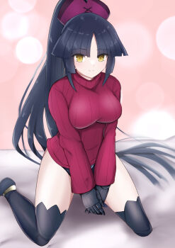 1girl absurdres black_hair breasts commentary_request fate/grand_order fate_(series) highres joints katou_danzou_(fate) long_hair looking_at_viewer mechanical_arms mechanical_legs medium_breasts moyashi_(pixiv44153669) on_bed ponytail red_sweater robot_girl robot_joints smile solo sweater yellow_eyes