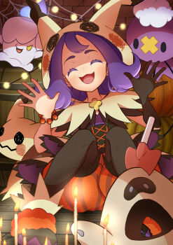 Rule 34 | 1girl, :d, absurdres, acerola (fall 2020) (pokemon), acerola (pokemon), bead bracelet, beads, blush, bracelet, capelet, closed eyes, commentary request, drifloon, gen 4 pokemon, gen 5 pokemon, gen 7 pokemon, gloves, halloween, hands up, highres, hood, hood up, hooded capelet, jewelry, litwick, mimikyu, nintendo, official alternate costume, open mouth, orange shorts, pantyhose, pokemon, pokemon (creature), pokemon masters ex, purple hair, refisa, sandygast, shorts, single glove, sitting, smile, striped clothes, striped shorts, tongue, vertical-striped clothes, vertical-striped shorts, yellow capelet
