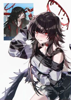 1girl absurdres alternate_costume alternate_hairstyle arm_under_breasts belt black_belt black_hair black_shorts black_sweater black_wings blood blood_halo blue_archive blush breasts closed_mouth commentary cowboy_shot denim denim_shorts embarrassed halo hand_on_own_head highres large_breasts liquid_halo loft_stein long_hair long_sleeves looking_at_viewer low_wings off-shoulder_sweater off_shoulder red_eyes red_halo short_shorts shorts small_sweatdrop split_mouth standing striped_clothes striped_sweater sweater symbol-only_commentary tsurugi_(blue_archive) two-tone_sweater very_long_hair wavy_mouth white_sweater wings