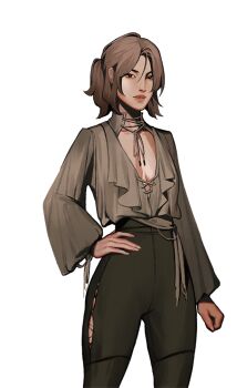 1girl abigail_(ballads_at_midnight) arrapso ballads_at_midnight blouse breasts brown_hair cleavage cowboy_shot hand_on_own_hip jewelry looking_at_viewer necklace non-web_source official_art one_side_up open_clothes open_shirt pants shirt shirt_tucked_in smirk solo torn_clothes torn_pants