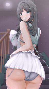 1girl alternate_costume ass ass_focus bare_shoulders black_hair blush breasts cameltoe come_hither dress from_behind goddess_of_victory:_nikke green_eyes grin huge_ass large_breasts long_hair looking_at_viewer looking_back mint_(fresh_mint)_(nikke) mint_(nikke) naughty_face panties rabbittt short_dress sideboob smile solo underwear very_long_hair