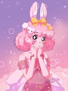 1990s_(style) 1girl animal_ears brenni_murasaki closed_mouth commission heterochromia highres looking_at_viewer now original painterly pink_hair rabbit_ears rabbit_girl retro_artstyle short_hair simple_background smile solo sparkle sparkle_background wavy_hair