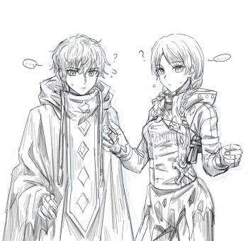 ... 1boy 1girl ? alternate_costume baixiang1234567 braid closed_mouth commentary_request cosplay costume_switch fate/strange_fake fate_(series) flying_sweatdrops greyscale highres hood hood_down hooded_jacket jacket long_hair long_sleeves monochrome no_name_assassin_(fate) no_name_assassin_(fate)_(cosplay) short_hair sigma_(fate) sigma_(fate)_(cosplay) simple_background sweatdrop twin_braids wavy_hair