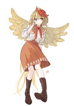 1girl absurdres baby_animal bird blonde_hair boots brown_boots chick chicken_girl commentary_request expressionless full_body hand_in_own_hair highres kashiwada_kiiho looking_to_the_side medium_hair multicolored_hair niwatari_kutaka orange_eyes orange_skirt red_hair rooster_tail shirt short_sleeves signature skirt solo touhou two-tone_hair white_background white_shirt yellow_wings